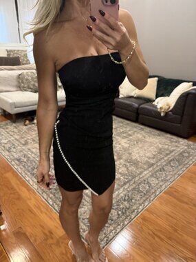 Strapless Black Pearl-Trim Mini Dress